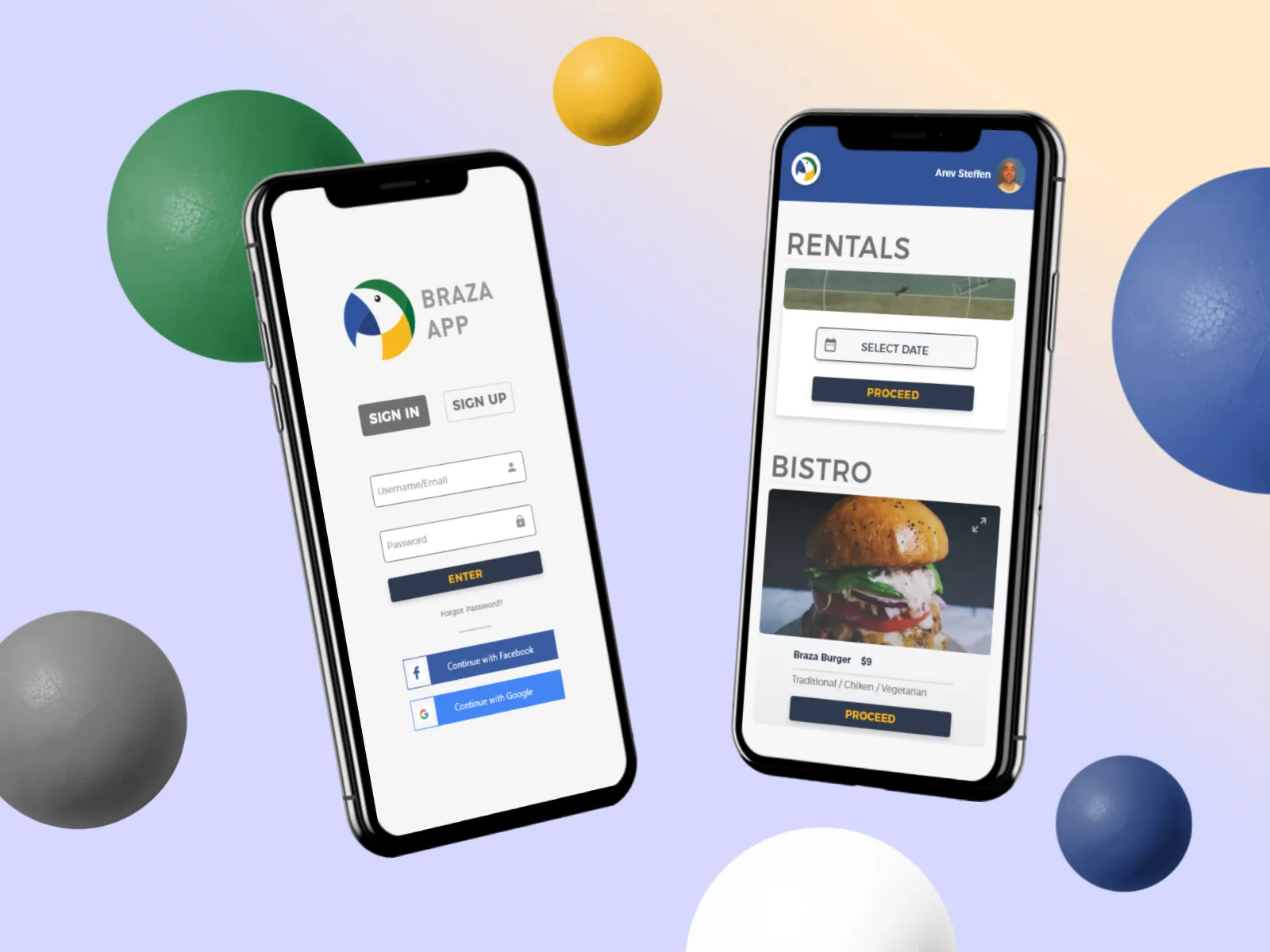 Mockup com duas telas do app Braza — login e tela de Rentals e Bistro